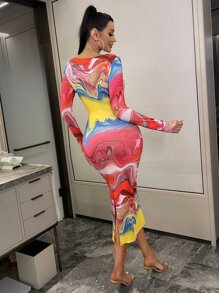 SHEIN Marble Print Rhinestone Lace Up Split Back Dress - Multicolor - View 3