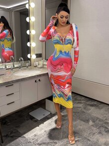 SHEIN Marble Print Rhinestone Lace Up Split Back Dress - Multicolor - View 5