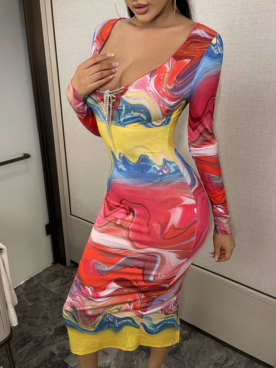 SHEIN Marble Print Rhinestone Lace Up Split Back Dress - Multicolor - View 1