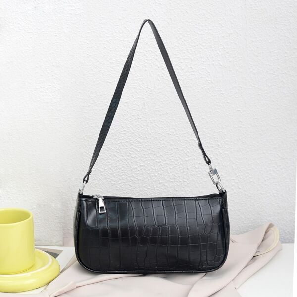 

Croc Embossed Baguette Bag, Black