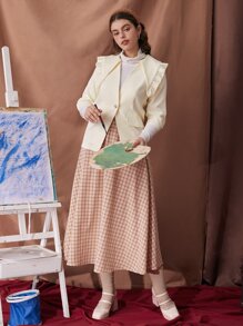 SHEIN Unity כפתור קפל פשוט אלגנטי עליוניות - בז' - ראה 5