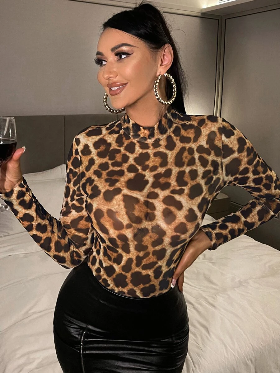 SHEIN SXY 豹紋小高領網紗上衣 - 彩色 - 查看 1