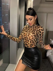 SHEIN SXY 豹紋小高領網紗上衣 - 彩色 - 查看 5