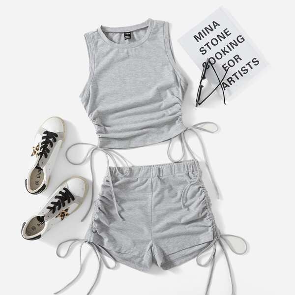 

Solid Drawstring Crop Tank Top & Shorts, Light grey