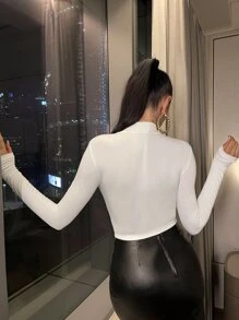 SHEIN SXY 休闲纯色褶饰前立领 T 恤 - 白色 - 查看 2