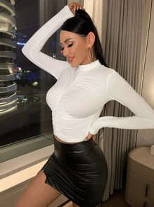 SHEIN SXY 休闲纯色褶饰前立领 T 恤 - 白色 - 查看 5