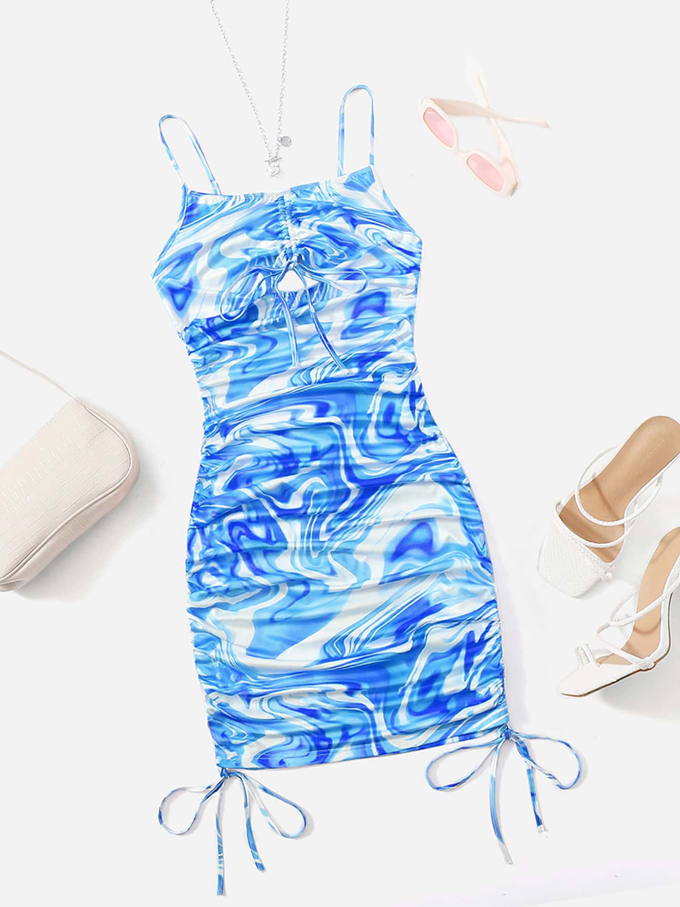 SHEIN ICON Marble Print Drawstring Hem Cami Dress - Blue - View 1