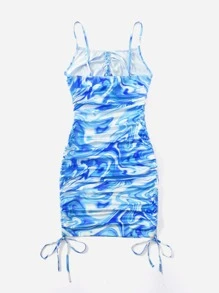 SHEIN ICON Marble Print Drawstring Hem Cami Dress - Blue - View 2