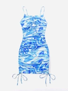 SHEIN ICON Marble Print Drawstring Hem Cami Dress - Blue - View 5
