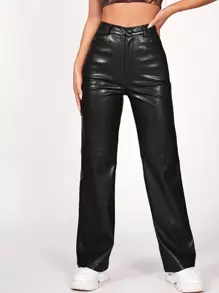 SHEIN PETITE Solid PU Leather Straight Leg Black Pants
