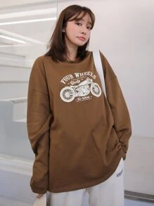 DAZY 摩托车和字母图案超大 T 恤，男女通用 - 棕色 - 查看 2