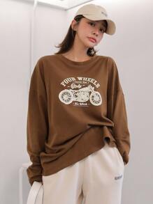 DAZY 摩托车和字母图案超大 T 恤，男女通用 - 棕色 - 查看 3