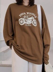 DAZY 摩托车和字母图案超大 T 恤，男女通用 - 棕色 - 查看 1
