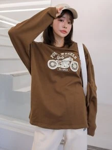 DAZY 摩托车和字母图案超大 T 恤，男女通用 - 棕色 - 查看 6