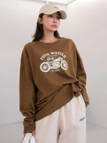 DAZY 摩托车和字母图案超大 T 恤，男女通用 - 棕色 - 查看 7