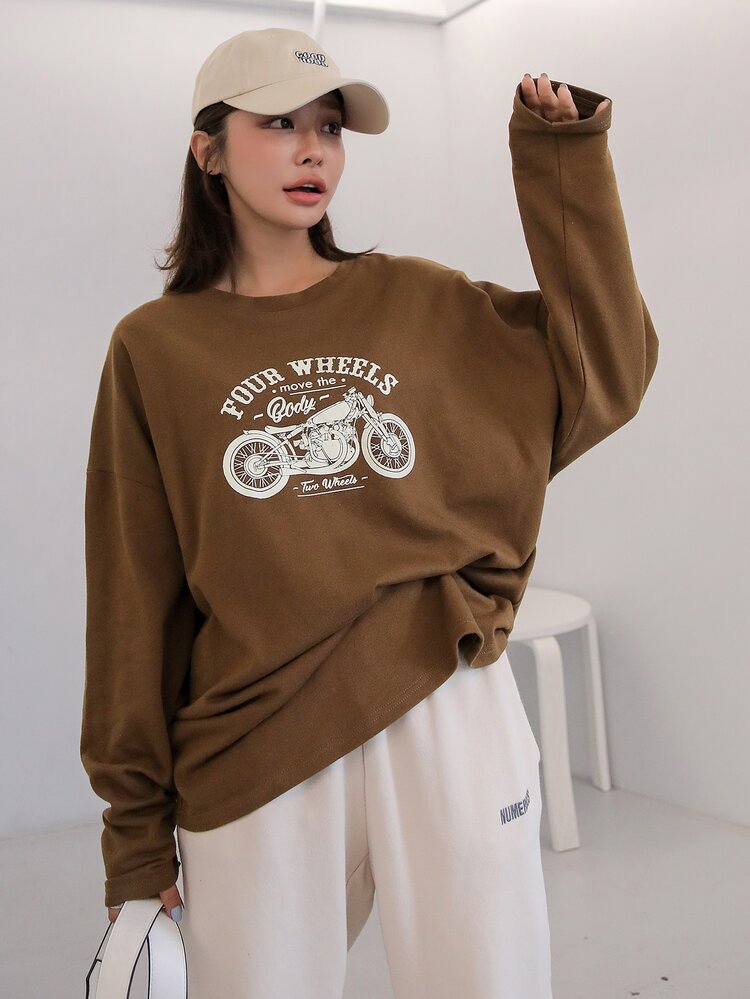 DAZY Motorbike And Letter Graphic Oversized Tee, Unisex - Brown - View 4