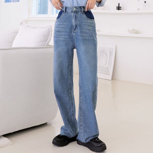 

Solid Straight Leg Jeans, Medium wash
