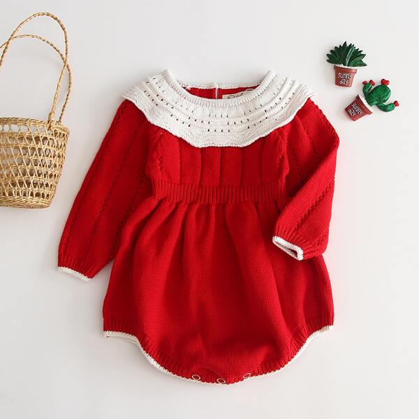 

Baby Ruffle Trim Pointelle Knit Bodysuit, Red