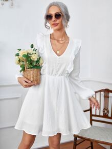 SHEIN 1 pieza Vestido con textura de cuello V ribete con fruncido - Blanco - Ver 1