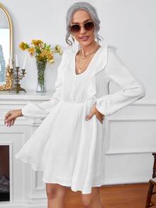 SHEIN 1 pieza Vestido con textura de cuello V ribete con fruncido - Blanco - Ver 4