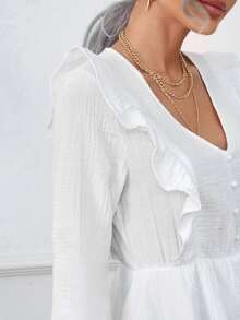 SHEIN 1 pieza Vestido con textura de cuello V ribete con fruncido - Blanco - Ver 6