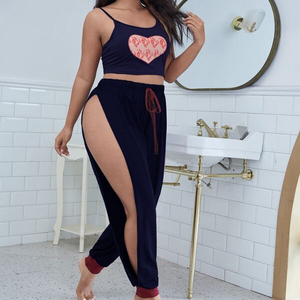 

Plus Heart Pattern Split Thigh Pajama Set, Navy blue