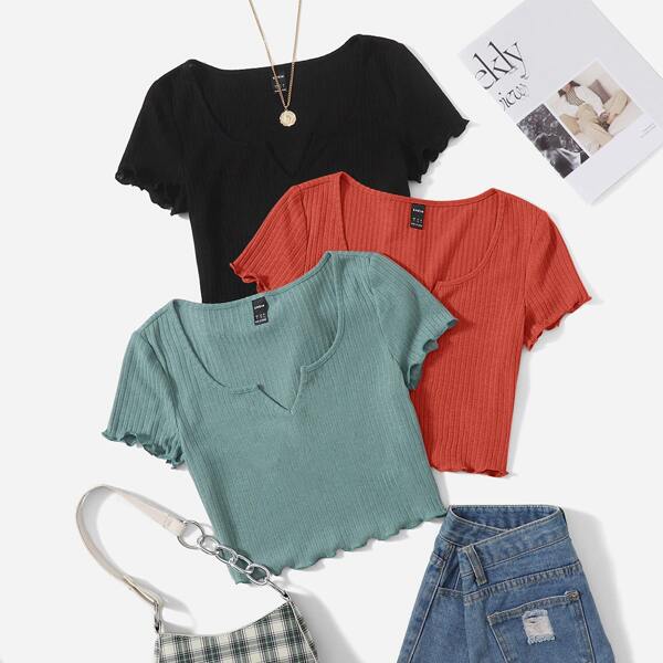 

3pcs Lettuce Trim Crop Tee, Multicolor