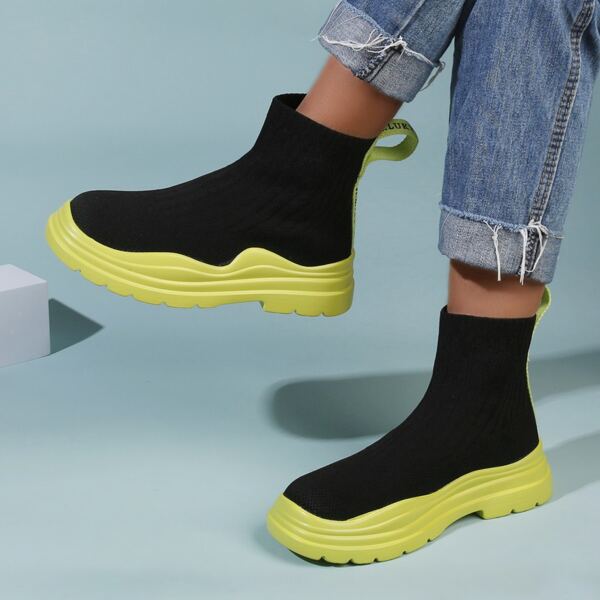 

Two Tone Knit Detail Chunky Boots, Black