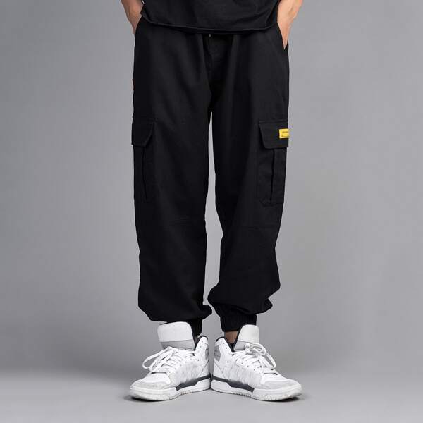 

Men Patched Drawstring Waist Cargo Pants, Black