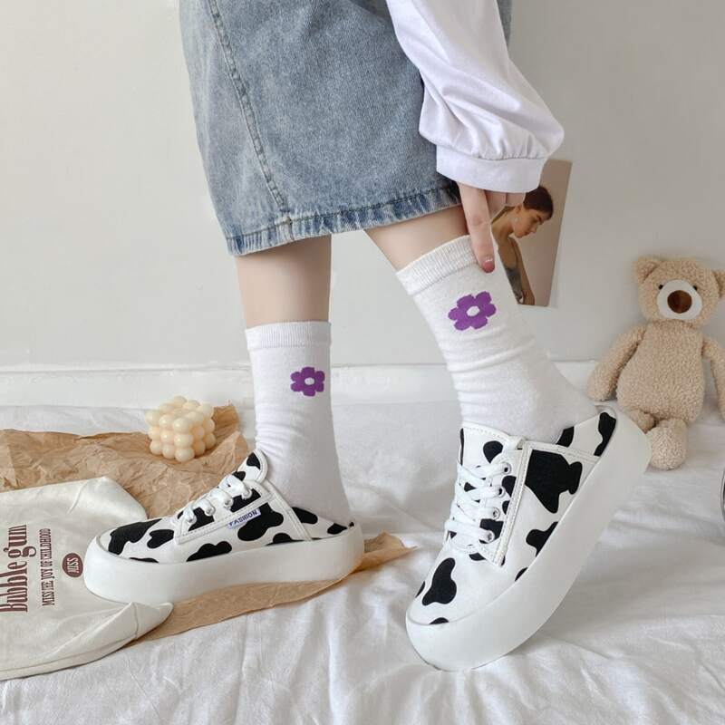 

Cow Pattern Lace-up Front Flatform Sneakers, Black and white