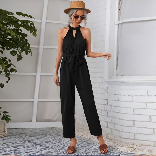 

Solid Keyhole Neck Belted Jumpsuit, White