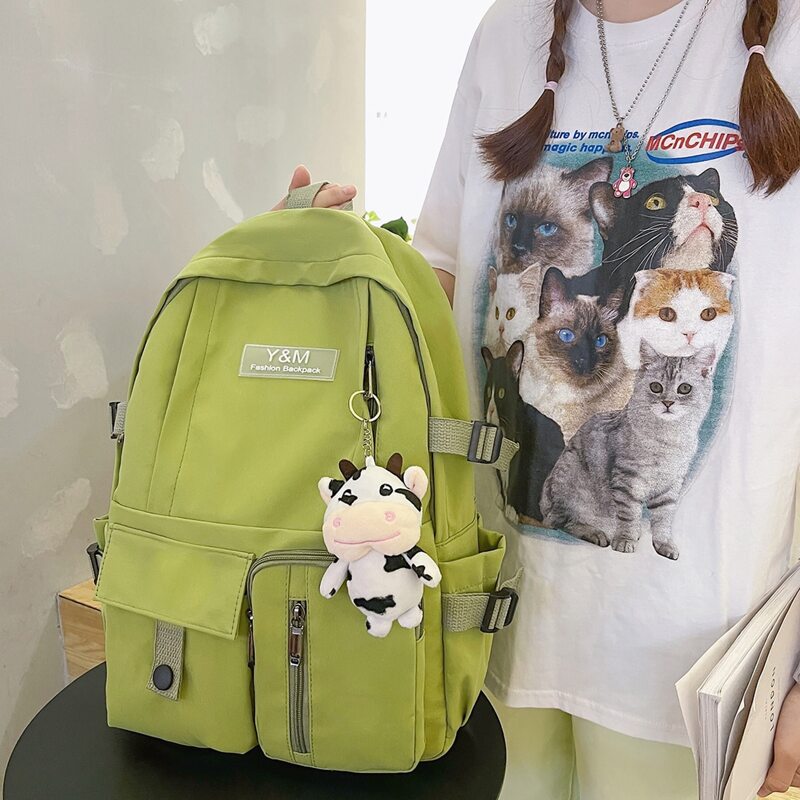 

Zip Front Backpack With Cartoon Bag Charm, Green