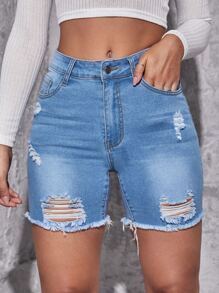 Shorts mezclilla rotos bajo crudo - Azul lavado medio - Ver 4