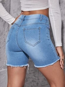 Shorts mezclilla rotos bajo crudo - Azul lavado medio - Ver 2