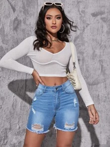 Shorts mezclilla rotos bajo crudo - Azul lavado medio - Ver 3