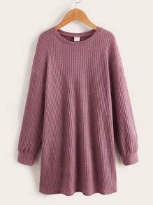 SHEIN Tween Girl Waffle Knit Drop Shoulder Dress - Redwood - View 1