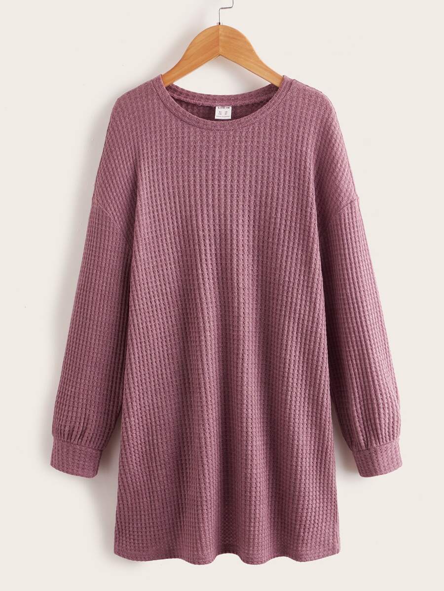 SHEIN Tween Girl Waffle Knit Drop Shoulder Dress - Redwood - View 1