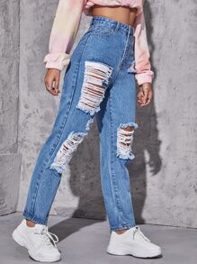 Jeans rotos de talle alto - Azul lavado medio - Ver 4