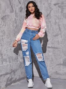 Jeans rotos de talle alto - Azul lavado medio - Ver 5