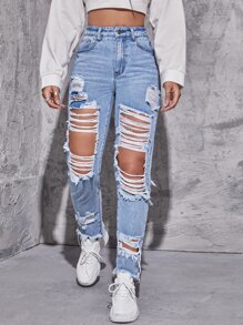 SHEIN EZwear High Waisted Ripped Raw Hem Jeans - Light Wash - View 1