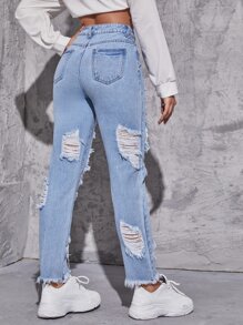 SHEIN EZwear High Waisted Ripped Raw Hem Jeans - Light Wash - View 2