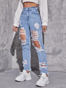 SHEIN EZwear High Waisted Ripped Raw Hem Jeans - Light Wash - View 3