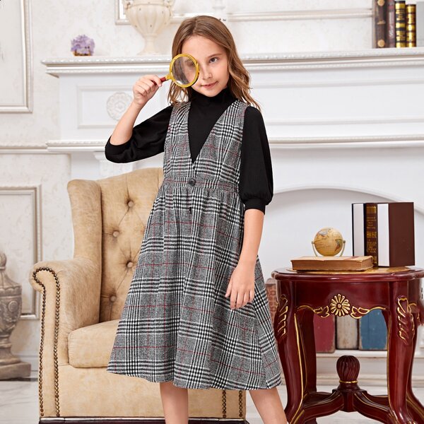 

Girls Glen Plaid Button Front Dress & Mock Neck Top, Black