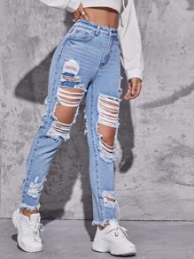 SHEIN EZwear High Waisted Ripped Raw Hem Jeans - Light Wash - View 5