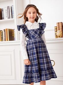 SHEIN Botão Corte Fora Babado Plissado Bainha de Ruffle Manta Formal Outfit de Duas Peças para Menina
