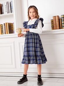 SHEIN Botão Corte Fora Babado Plissado Bainha de Ruffle Manta Formal Outfit de Duas Peças para Menina