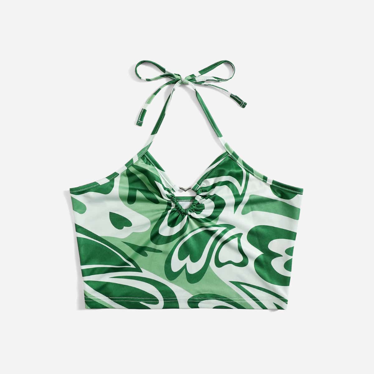 

Heart Print Ring Decor Halter Top, Green