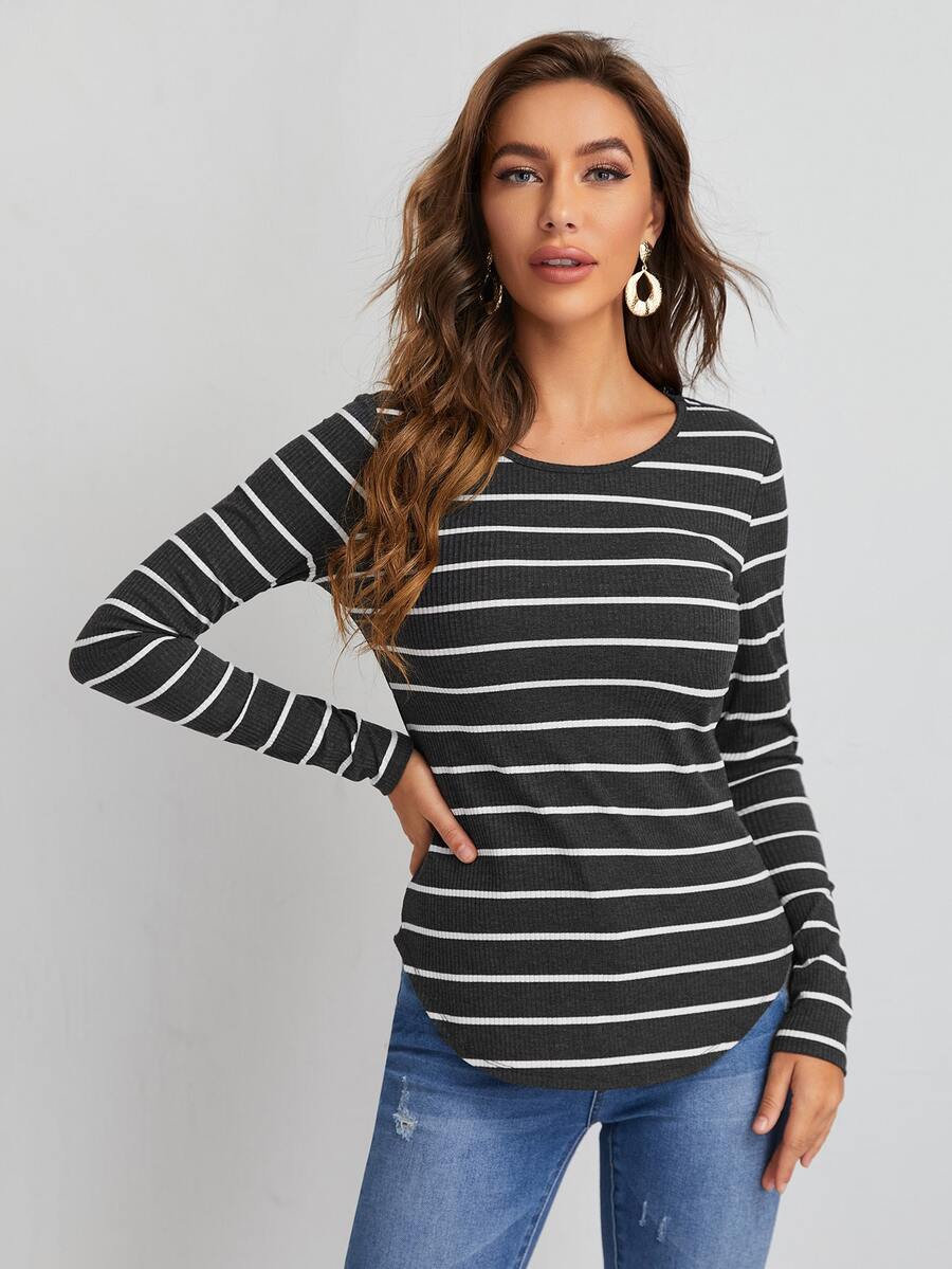 SHEIN Essnce Rib Knit Curved Hem Striped T-shirt - Dark Grey - View 1