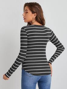 SHEIN Essnce Rib Knit Curved Hem Striped T-shirt - Dark Grey - View 2
