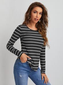 SHEIN Essnce Rib Knit Curved Hem Striped T-shirt - Dark Grey - View 5